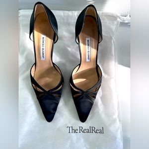 Manolo Blahnik Black Satin Butterfly D'Orsay High Heel Pumps size 39.5 (US 8.5)
